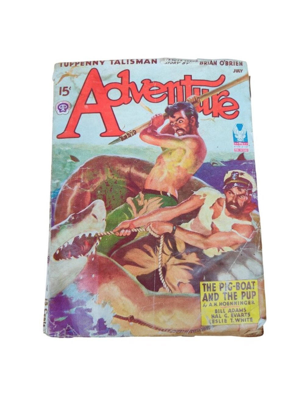 Adventure Magazine July 1943 Pulp Fiction WWII Shark Cover A.H. Hoenninger 1940s